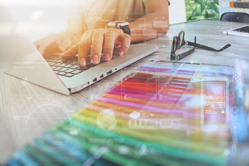 Poster - Website designer working digital tablet and computer laptop with