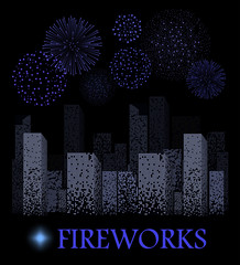 Wall Mural - Blue firework show on night city landscape background. Vector illustration