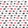 Hand drawn eye, pink lips doodles seamless pattern in retro style. Vector beauty illustration of open and close eyes for cards, textiles, wallpapers, backgrounds.