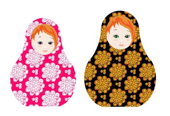 Cute russian dolls - matrioshka. Beautiful toys with floral ornament. Vector illustration.