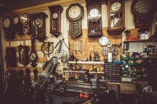 Various Clocks In Horologists Workshop