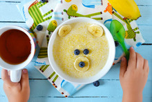 Kids Breakfast, Porridge With Fruits And Berries, Face Bears