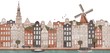 Amsterdam, Netherlands - seamless banner of Amsterdam's skyline, hand drawn and digitally colored ink illustration