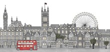 London, UK - Seamless Banner Of London's Skyline, Hand Drawn And Digitally Colored Ink Illustration