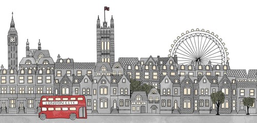 Sticker - London, UK - seamless banner of London's skyline, hand drawn and digitally colored ink illustration