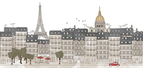 Sticker - Paris, France - seamless banner of Paris's skyline, hand drawn and digitally colored ink illustration