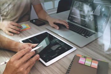 Poster - Designer hand working with digital tablet computer and smart pho