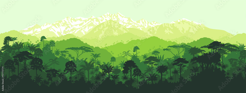 Vector horizontal seamless tropical rainforest Jungle with mountains background - obrazy, fototapety, plakaty 