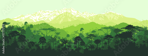 Cotton fabric Vector horizontal seamless tropical rainforest Jungle with mountains background
