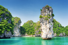 Amazing View Of Rock Pillar And Azure Water In The Ha Long Bay
