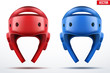 Set of Red and Blue Taekwondo helmets.