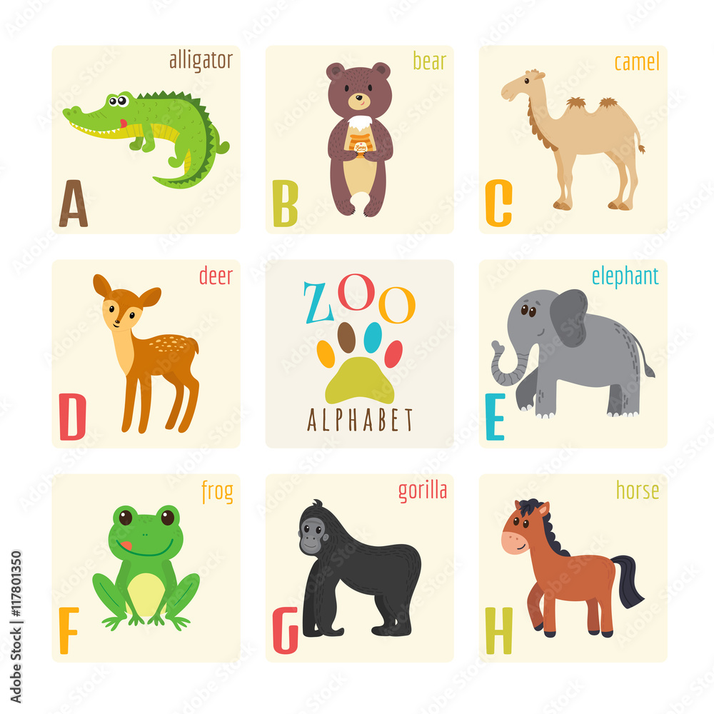 Cute zoo alphabet with animals in cartoon style. Alligator, bear Stock ...