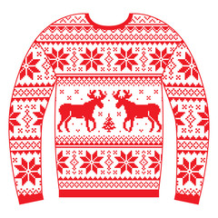 Ugly Christmas jumper or sweater with reindeer and snowflakes red pattern 