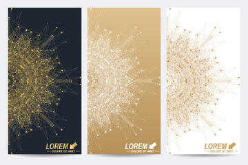 Poster - Modern set of vector flyers. Geometric abstract presentation with golden mandala. Molecule and communication background for medicine, science, technology, chemistry.