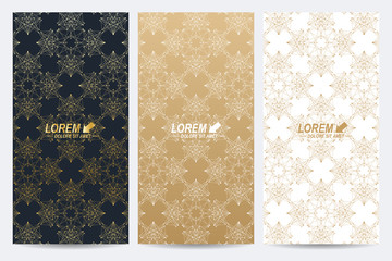 Poster - Modern set of vector flyers. Geometric abstract presentation with golden mandala. Molecule and communication background for medicine, science, technology, chemistry.