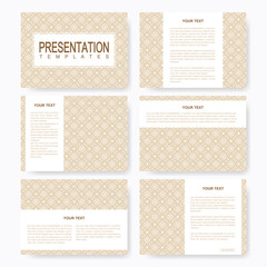 Poster - Golden set of vector templates for multipurpose presentation slides. Brochure, Leaflet, flyer, cover, magazine or annual report. Abstract pattern in Arabian style. Gold background.