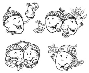 Wall Mural - Cartoon vector colorful  set with acorn smiling characters with pumpkin, mushroom and leaves. fall season illustration