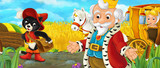 Fototapeta Pokój dzieciecy - Cartoon scene with royal pair with dressed cat driving through the pastures - illustration for children