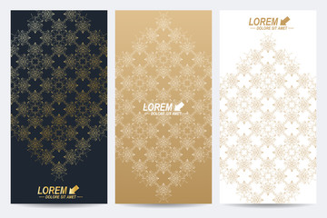 Poster - Modern set of vector flyers. Geometric abstract presentation with golden mandala. Molecule and communication background for medicine, science, technology, chemistry.