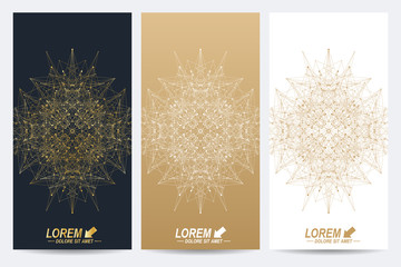 Poster - Modern set of vector flyers. Geometric abstract presentation with golden mandala. Molecule and communication background for medicine, science, technology, chemistry.