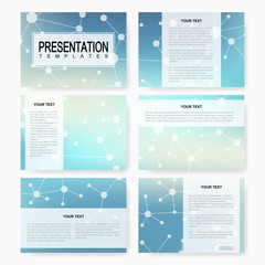 Poster - Set of vector templates for multipurpose presentation slides. Brochure, Leaflet, flyer, cover, magazine or annual report. Modern business, science, medicine design. Abstract background with molecule.