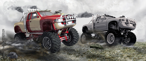 Fototapety Monster truck  2-ciezarowki-munster-scigajace-sie-w-kamienistym-terenie