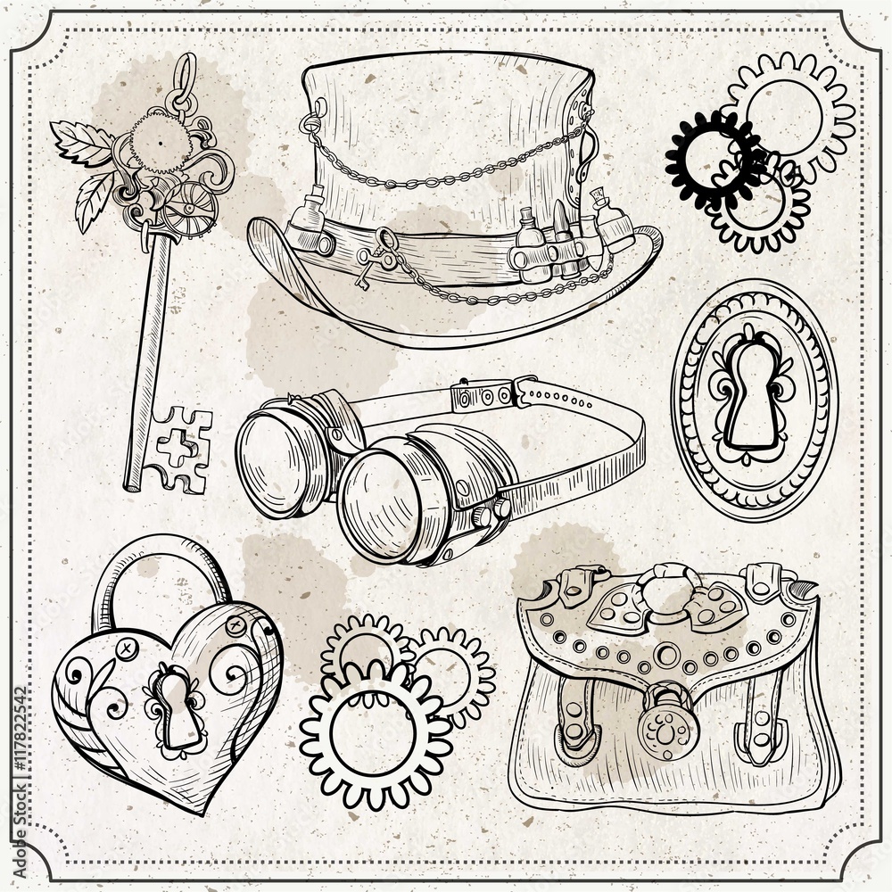 Hand drawn steampunk elements set Stock Vector | Adobe Stock
