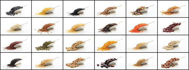 Sticker - Various kinds of rice and legumes in metallic scoops collage