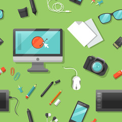 Poster - graphic design seamless pattern with computer and digital tools.