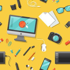 Poster - graphic design seamless pattern with computer and digital tools.
