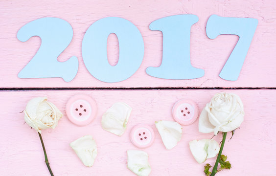 light blue 2017 and white roses on pink wood background