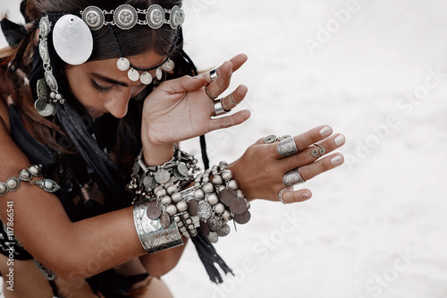 Plakat close up of beautiful tribal woman. Hands of ethnic dancer.