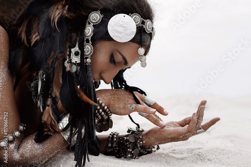 Plakat close up of beautiful tribal woman. Hands of ethnic dancer.