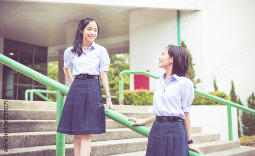 Cute Asian Thai High Schoolgirls Student Couple In School 