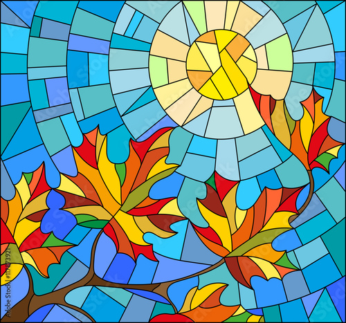 Naklejka dekoracyjna Illustration in stained glass style with maple leaves on background sky and sun