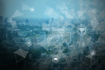 Aufkleber - smart city and wireless communication network, IoT(Internet of Things),CPS(Cyber-Physical Systems), ICT(Information Communication Technology), abstract image visual