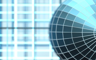 Wall Mural - gridded wireframe sphere on blue background. white lattice. 3d rendering. swallow depth of focus