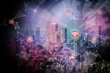 Fototapete - wired network concept icons, wireless communication network, IoT(internet of things), CPS(Cyber-Physical Systems), ICT(Information Communication Technology), abstract image visual