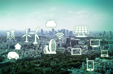 Poster - modern cityscape and renewable energy, environment concept image, smart grid, abstract background visual