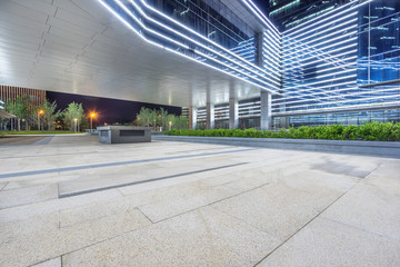 Poster - empty brick floor with cityscape and skyline