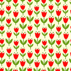 Wall Mural - Vector seamless illustration with tulips on a yellow background. Floral pattern.