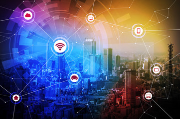 Poster - Modern city and wired network concept icons, IoT(internet of things), CPS(Cyber-Physical Systems), ICT(Information Communication Technology), abstract image visual