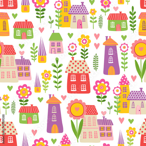 Stoffe zum Nähen Bezszwowe ilustracja wektorowa stylu kreskówki s cute dzieci wiejskich w wśród kwiatów na beżowym tle. Wzór z domów mieszkalnych i zakładów.