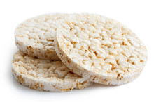 Pile Of Three Puffed Rice Cakes Isolated On White.