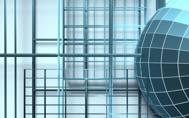Wall Mural - gridded wireframe sphere on blue background. white lattice. 3d rendering.