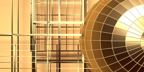Wall Mural - gridded wireframe golden sphere on yellow background. metal lattice. 3d rendering.