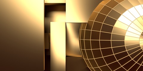 Wall Mural - gridded wireframe golden sphere on yellow background. metal lattice. 3d rendering.