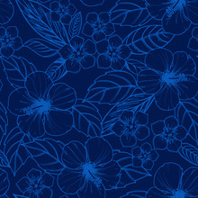 Tropical Seamless Pattern With Exotic Plants And Hibiscus Flowers.