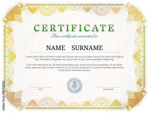 Certificate template with guilloche elements. Yellow diploma border ...