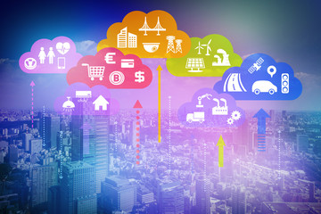 Aufkleber - CPS (Cyber-Physical Systems) concept abstract image, various information upload to cloud and analytical data download to real world, Cloud Computing, Internet of Things